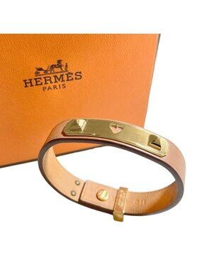 Hermes As de Coule Heart Motif Leather Bracelet T2 Brown Gold Brand